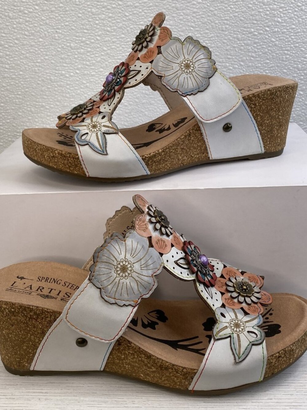 L'Artiste Pretty Petals Sandals Womens US5.5-6 EU36 White Leather Platform Wedge